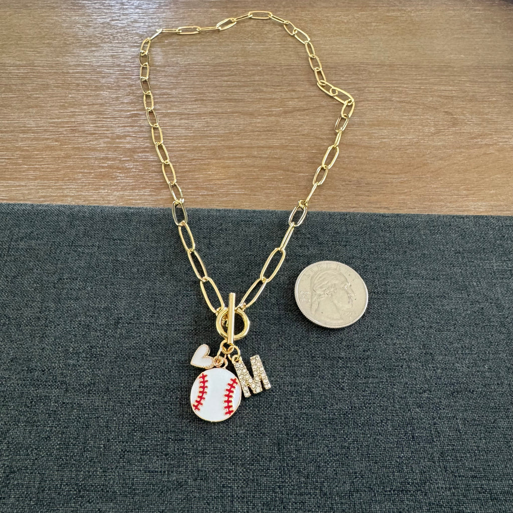 Baseball White Heart Stone Initial Layered Necklace