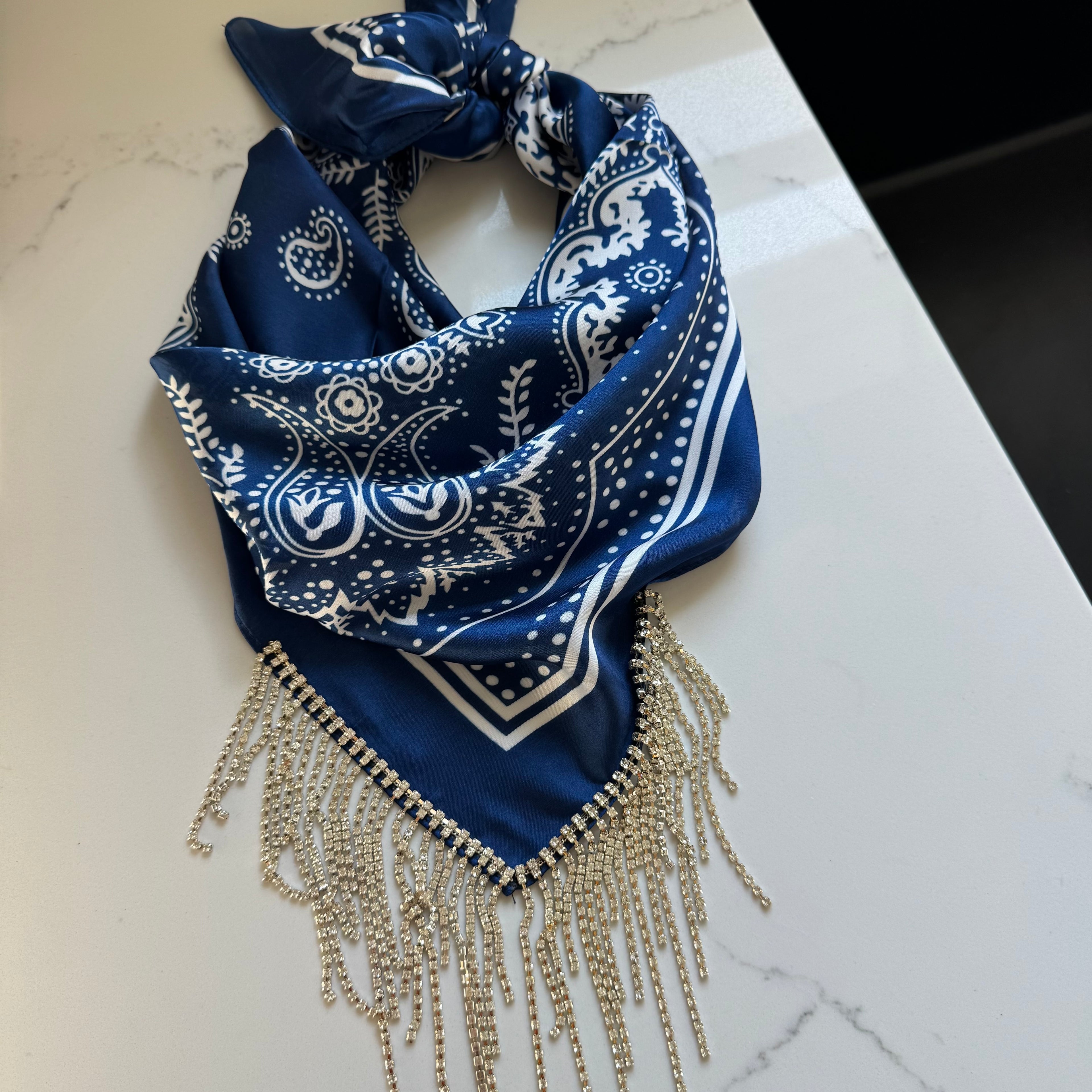 Rhinestone Bandana Navy Blue Satin
