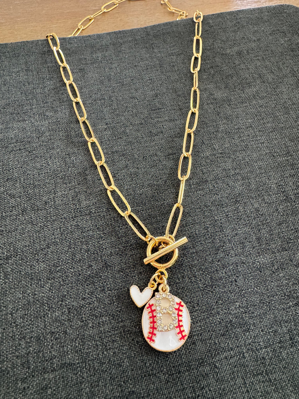 Baseball White Heart Stone Initial Layered Necklace