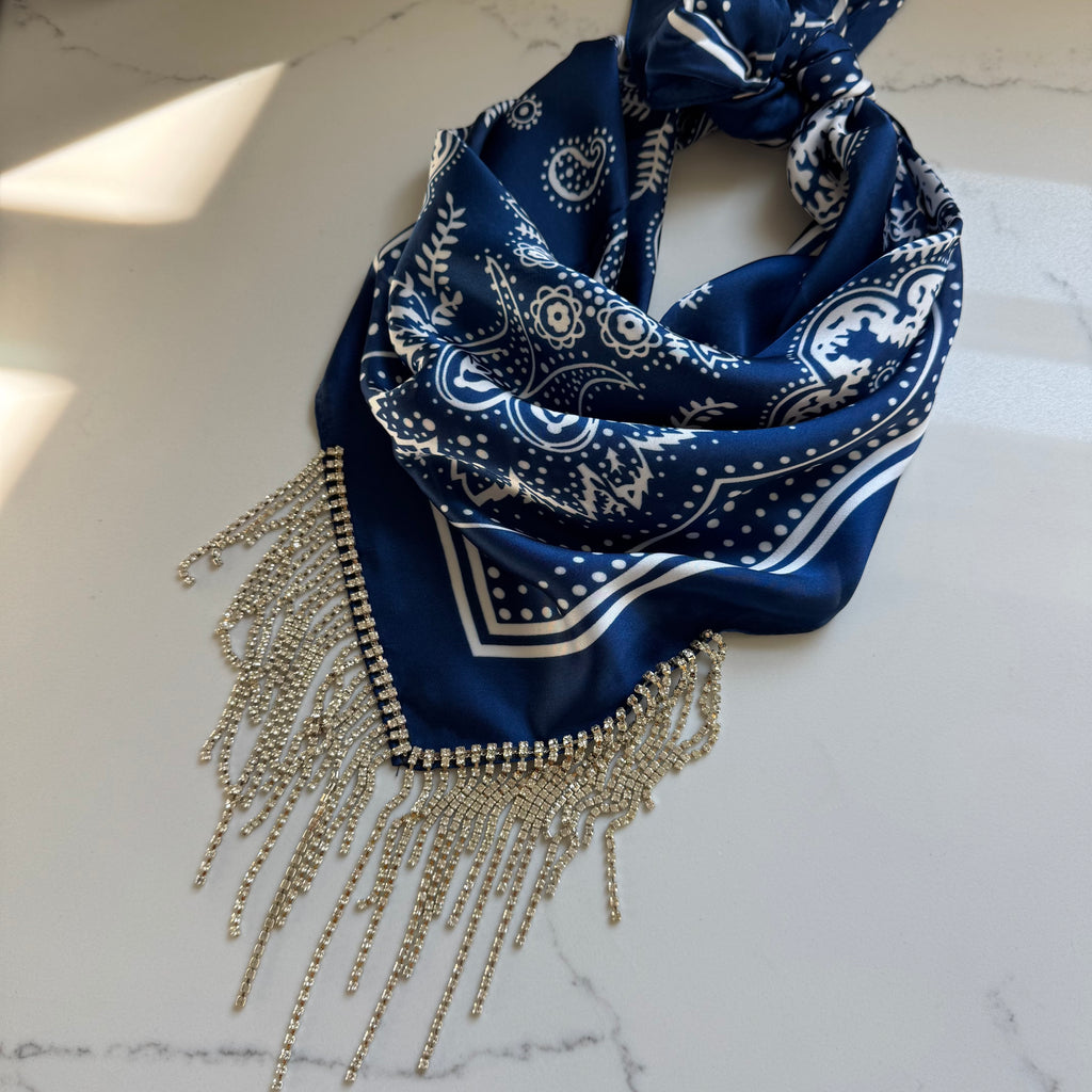 Rhinestone Bandana Navy Blue Satin