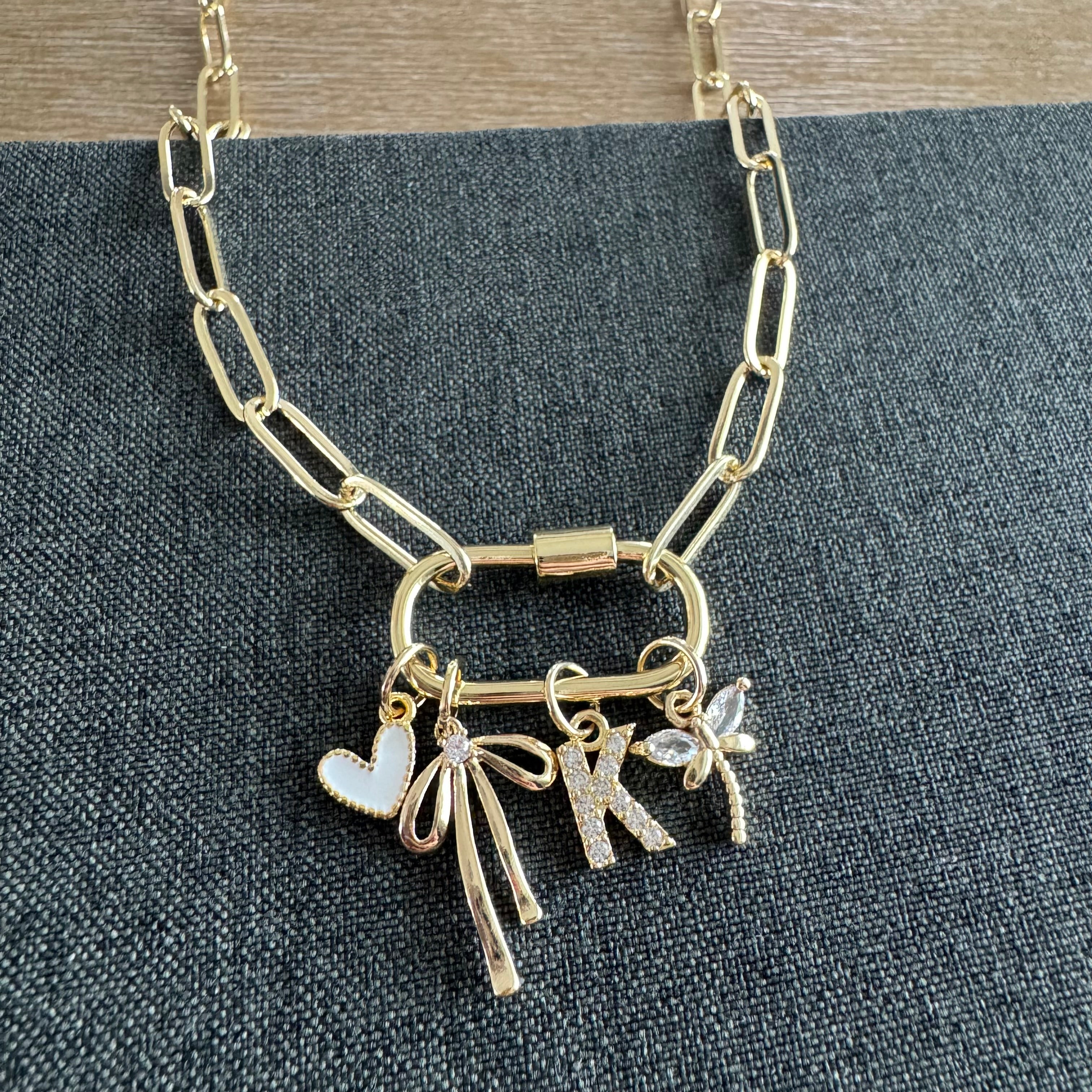Kolee Carabiner Initial Dragonfly Charm Necklace
