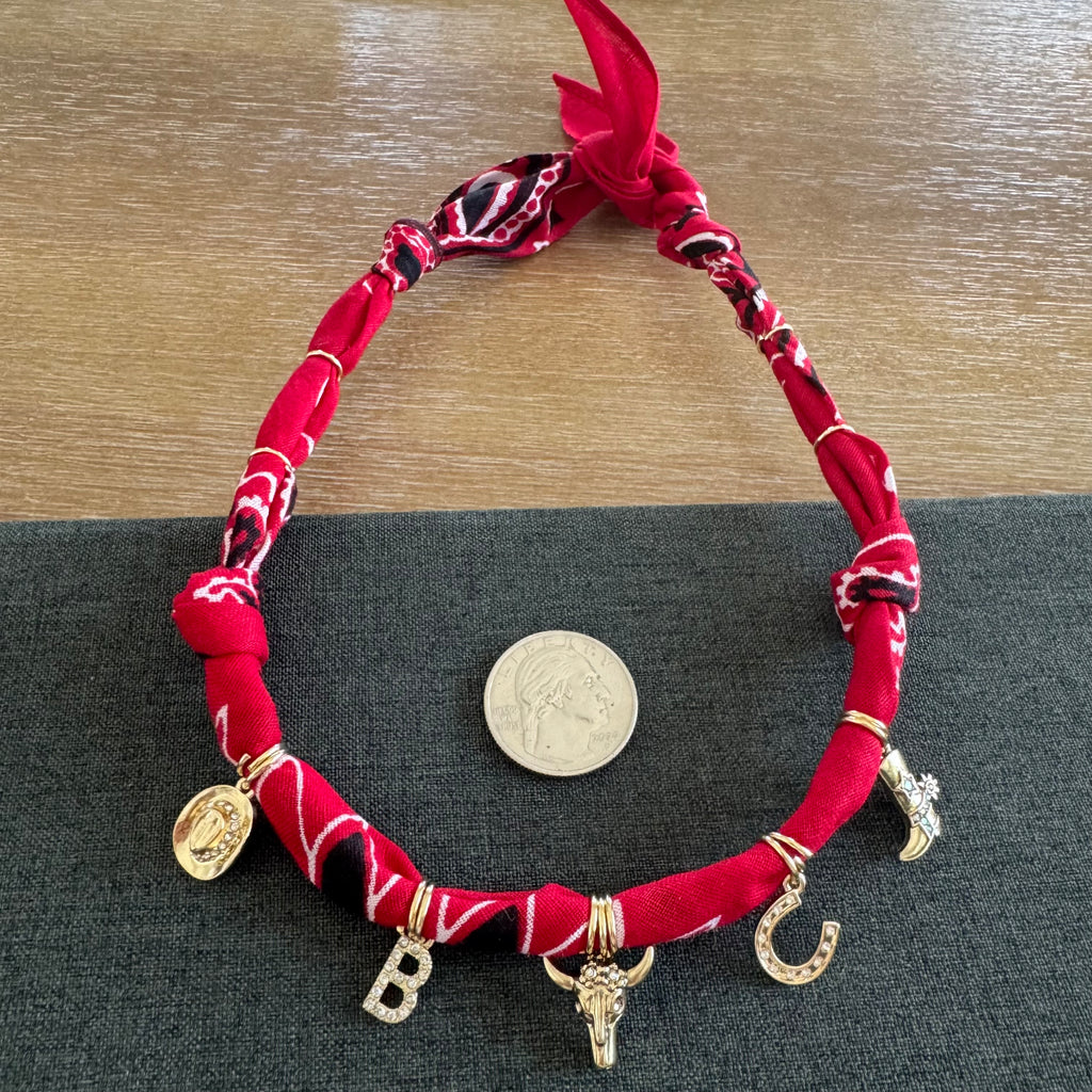 Rodeo Bandana Initial Charm Necklace Red