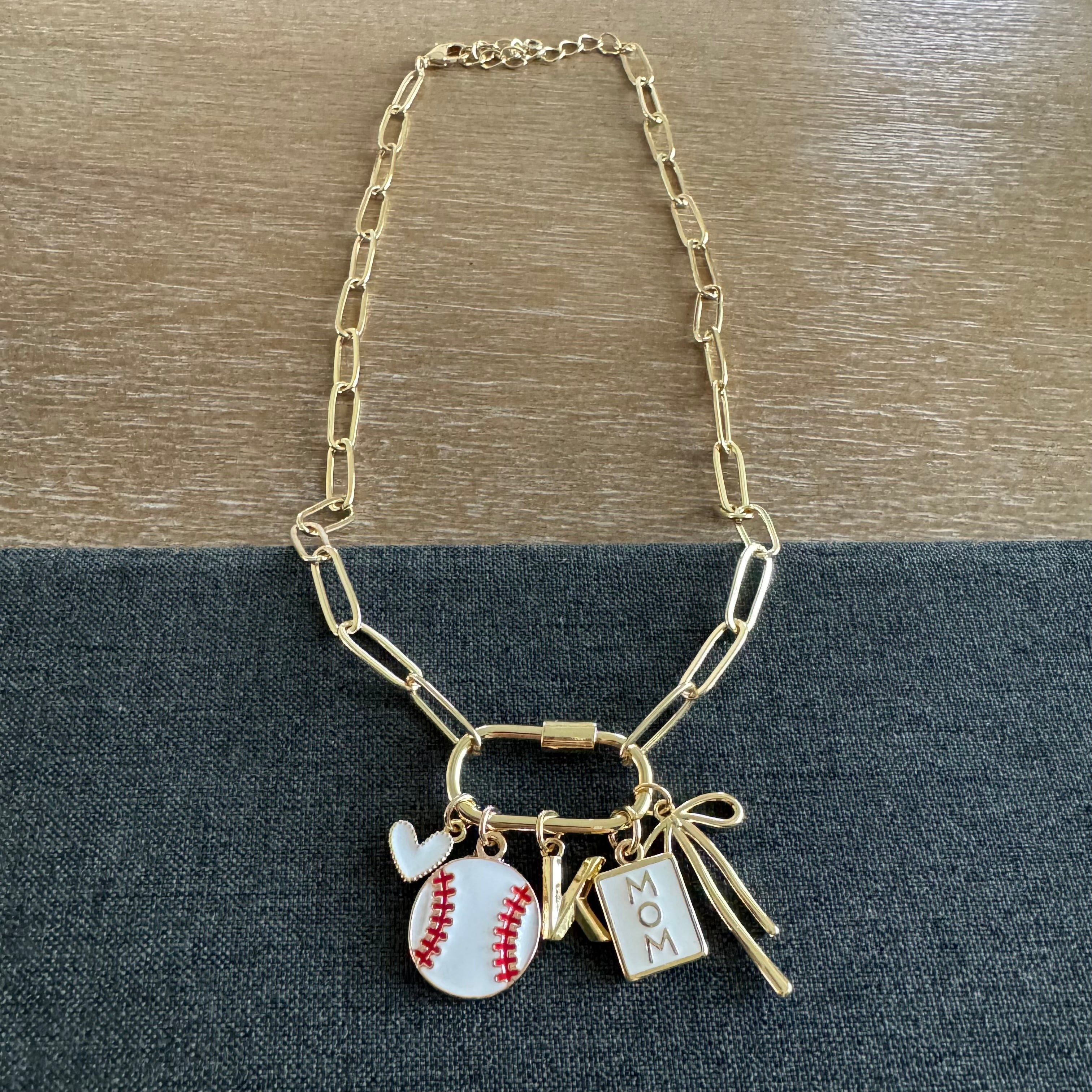 Knox Carabiner Initial Baseball Mom Charm Necklace
