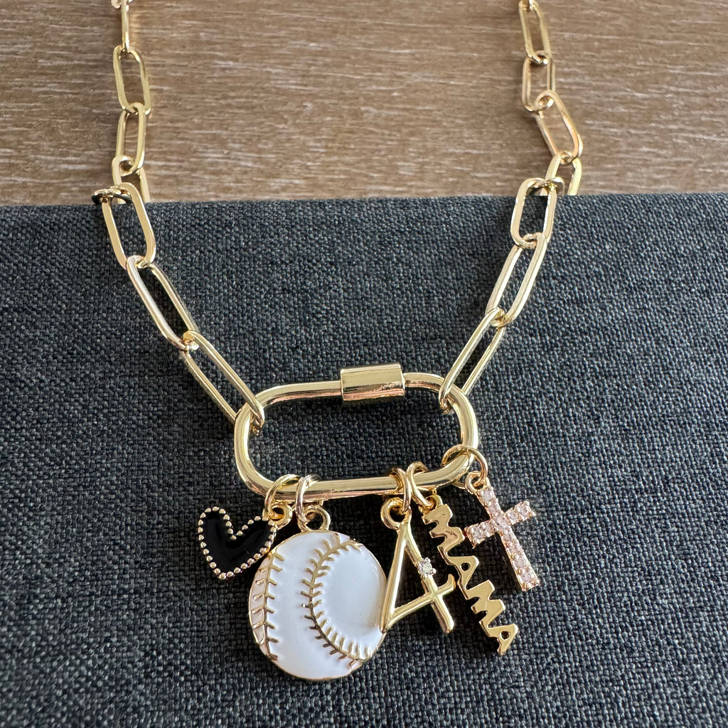 Ellison Carabiner Initial Baseball Mom Number Charm Necklace