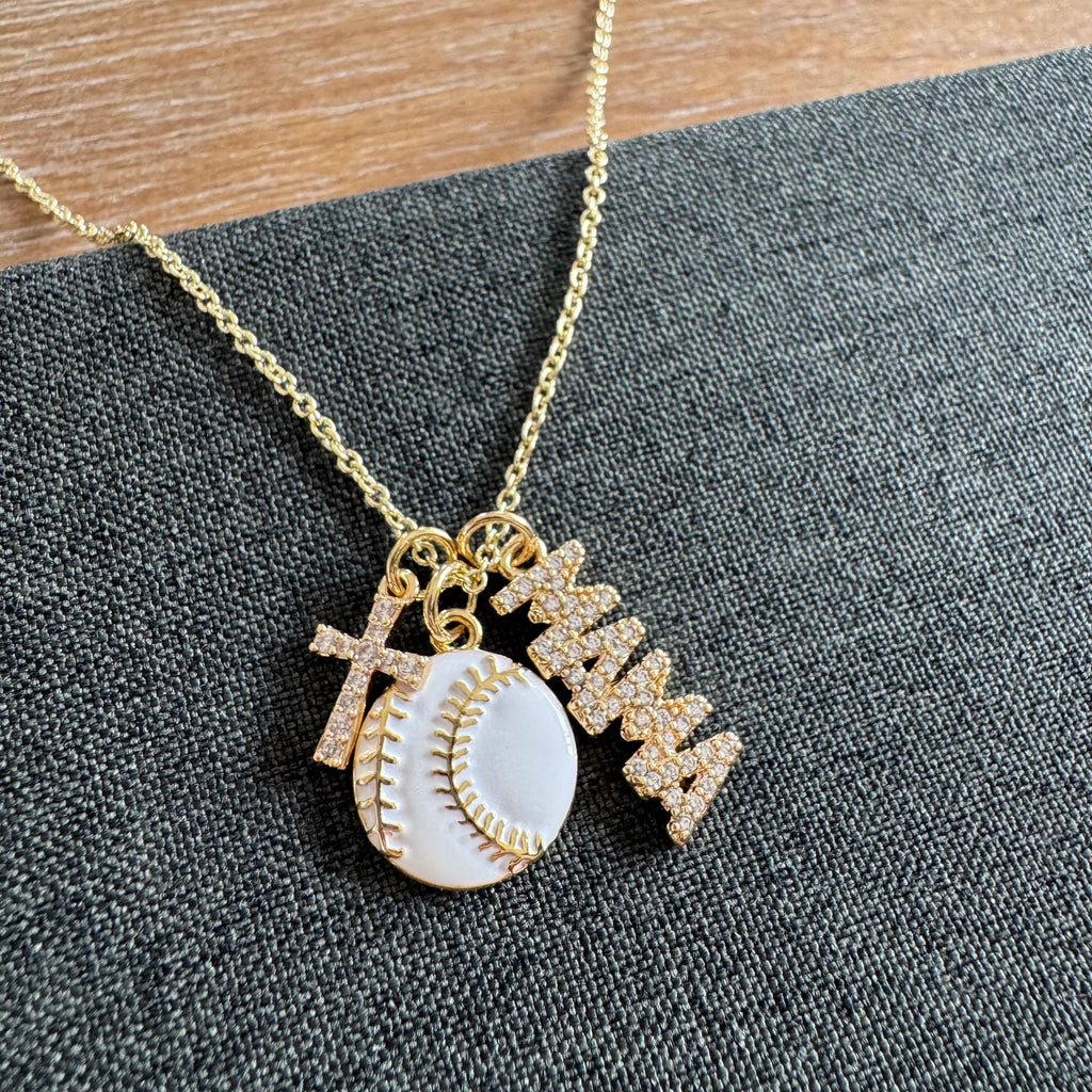 Hometown Baseball Mama Stone Cross Necklace