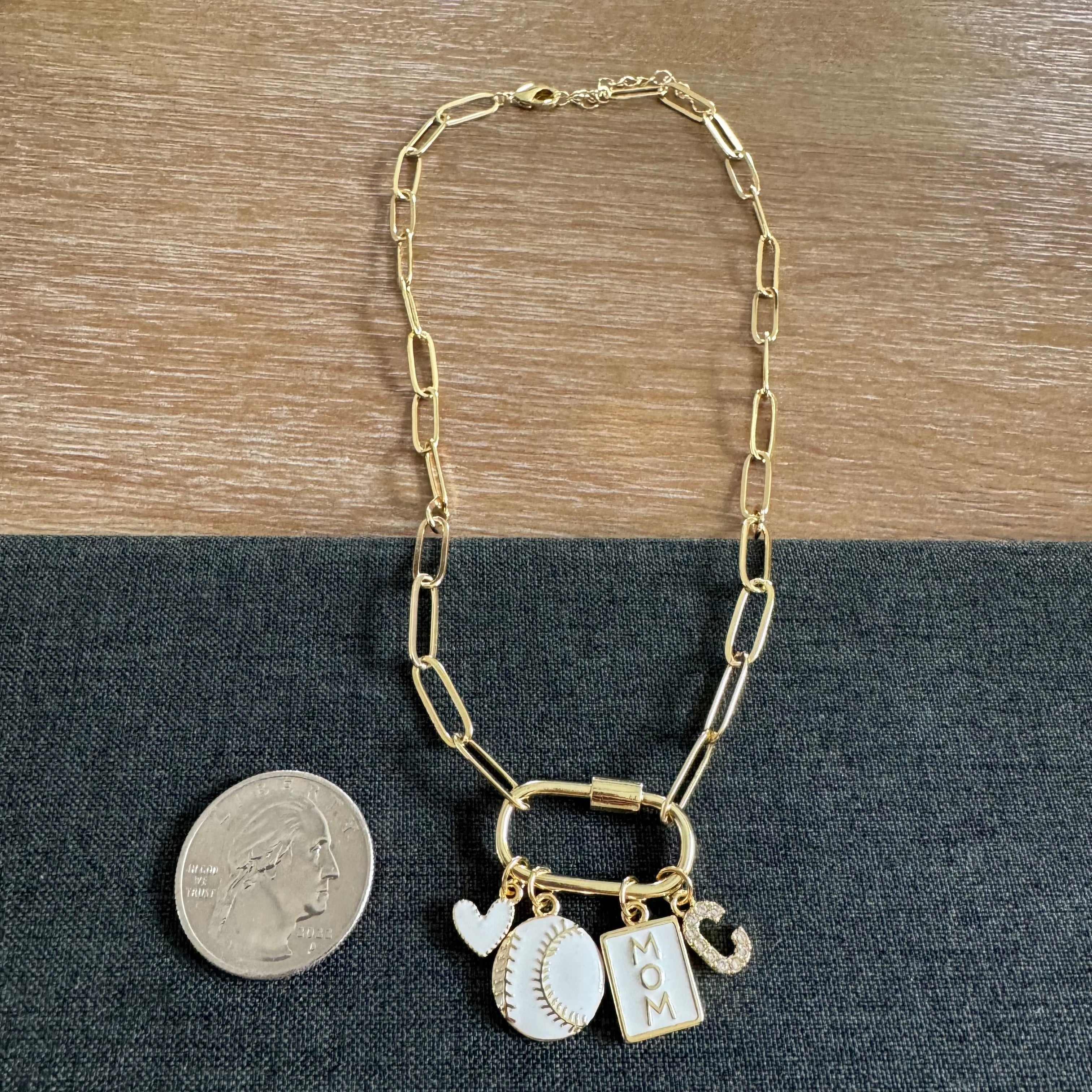 Hometown Baseball Mom Initial Charm Necklace