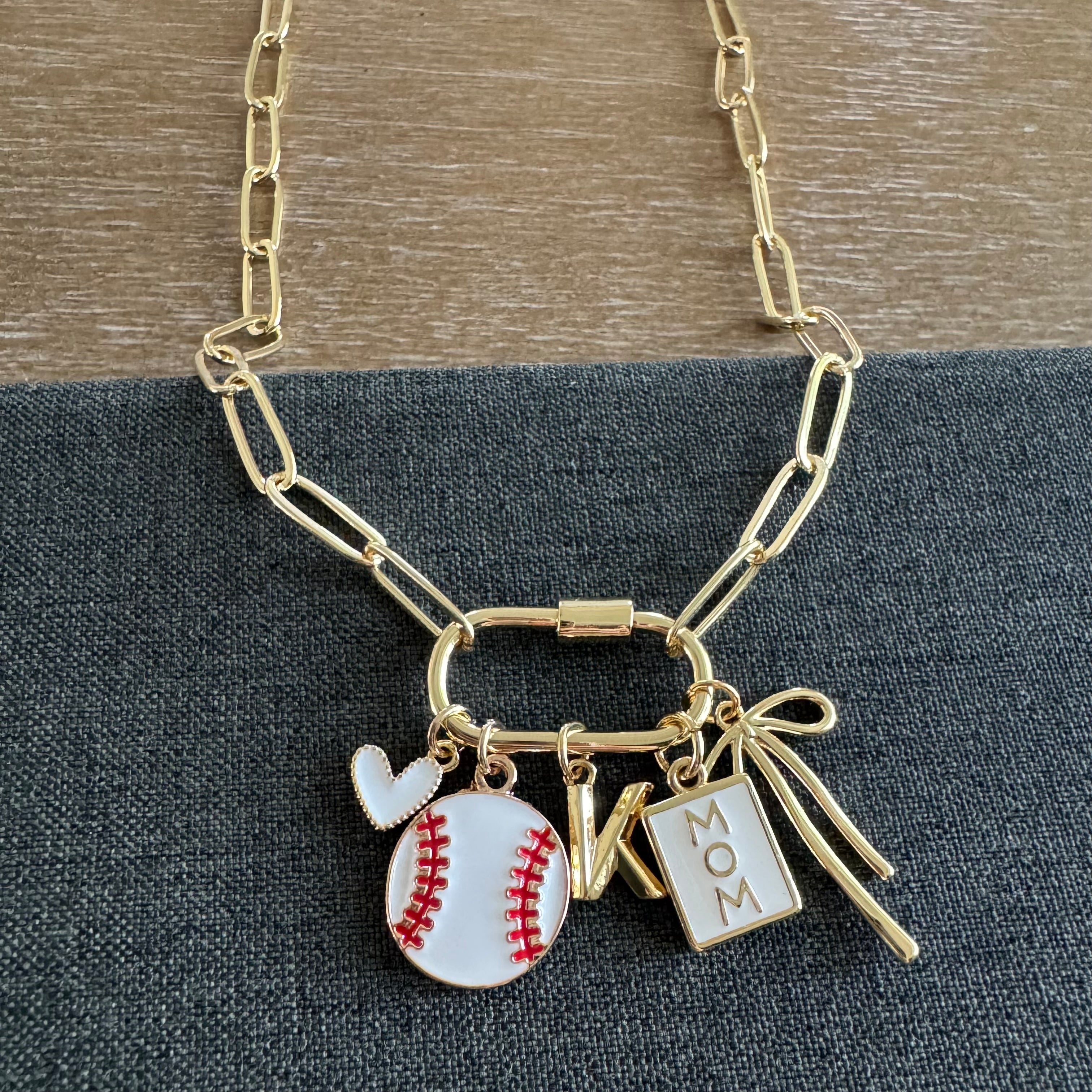 Knox Carabiner Initial Baseball Mom Charm Necklace