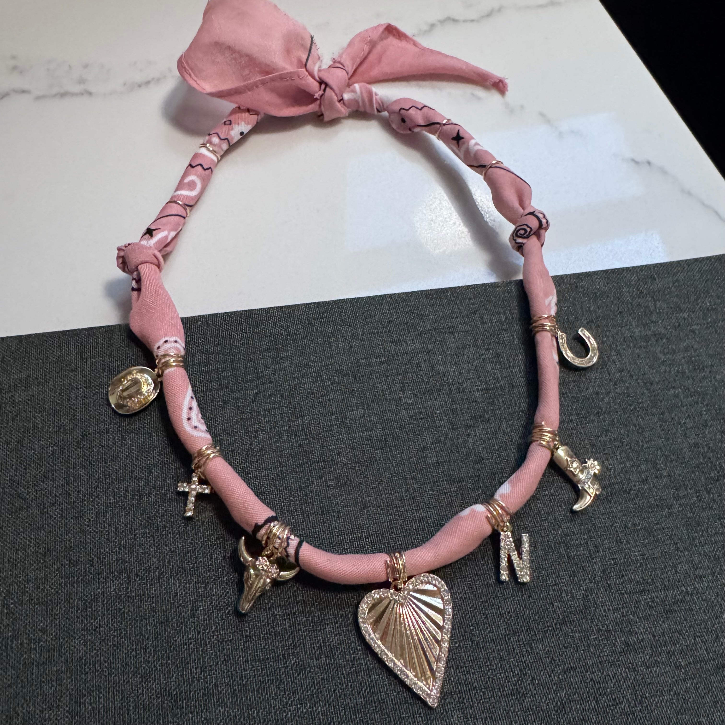 Western Heart Charm Initial Bandana Necklace Pink
