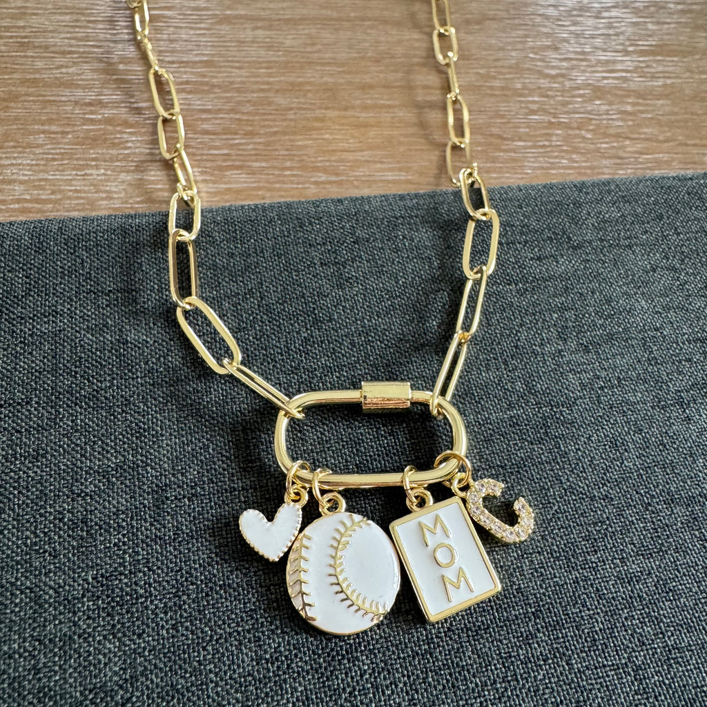 Hometown Baseball Mom Initial Charm Necklace
