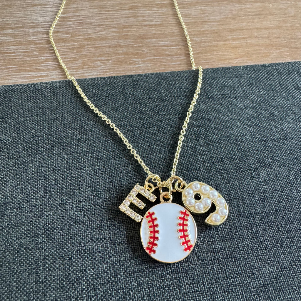 Baseball Initial and Pearl Number Necklace