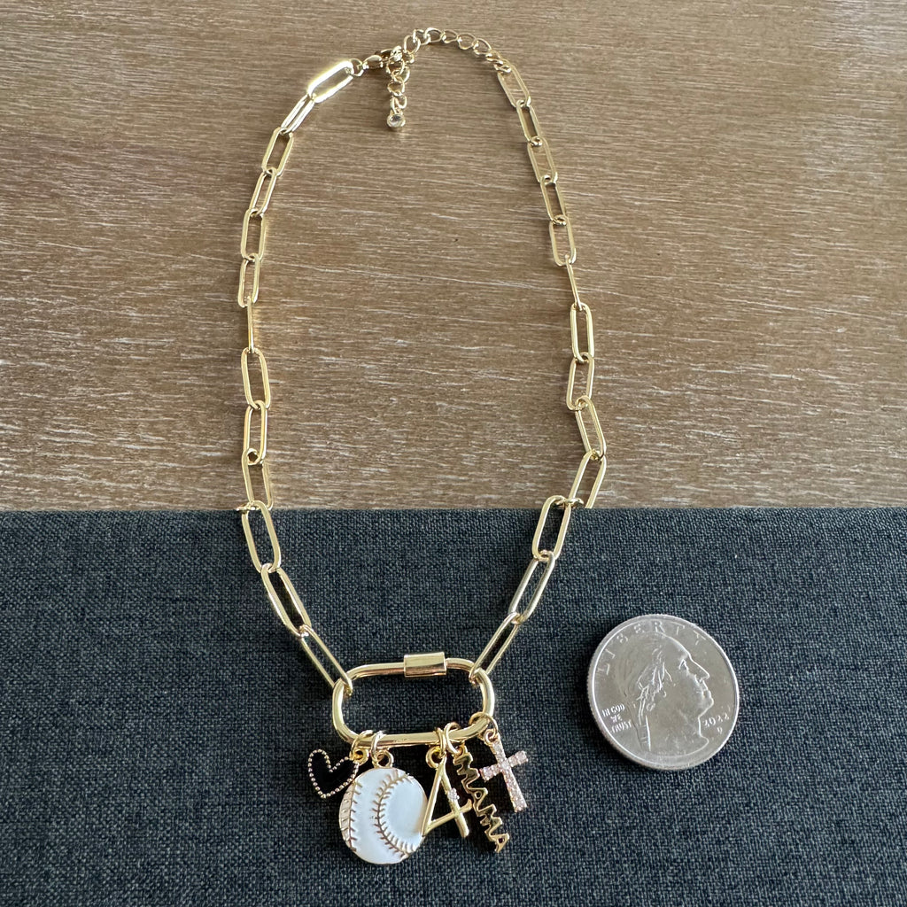 Ellison Carabiner Initial Baseball Mom Number Charm Necklace