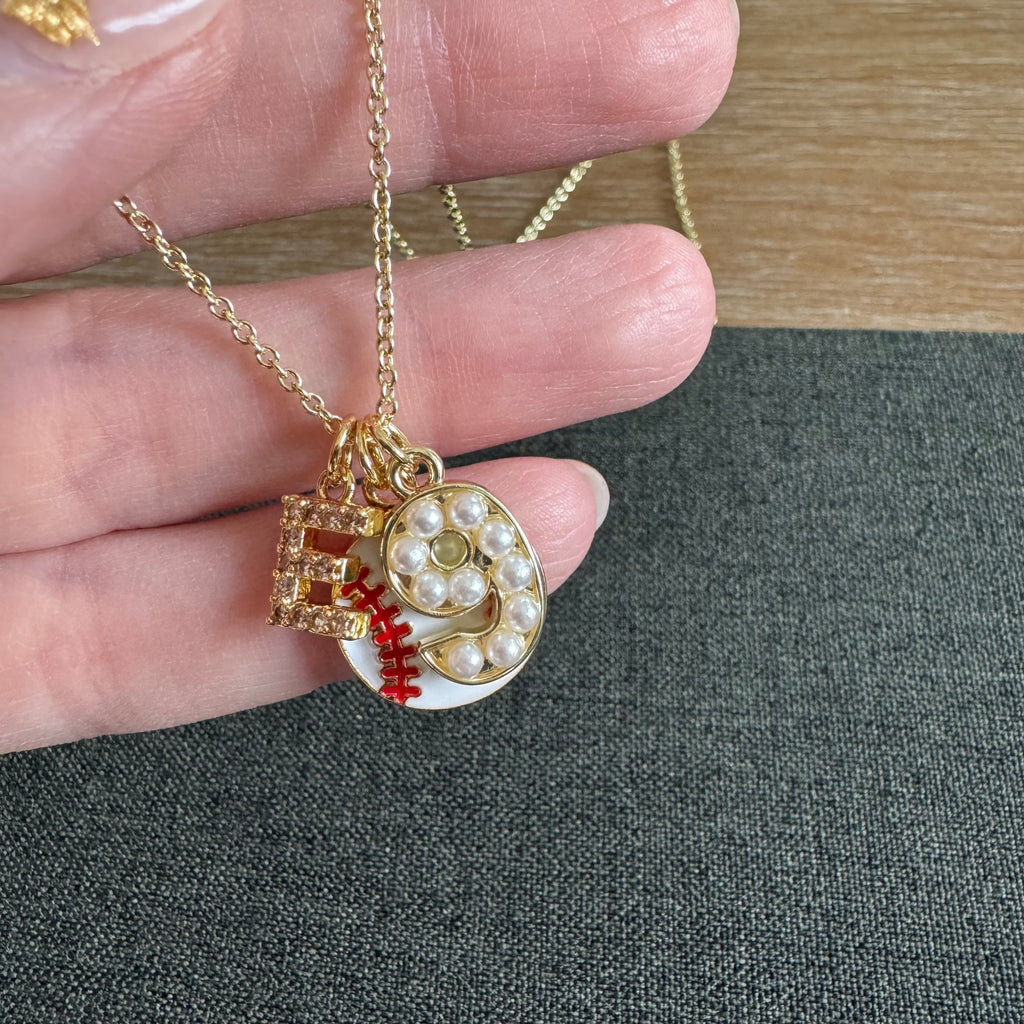 Baseball Initial and Pearl Number Necklace
