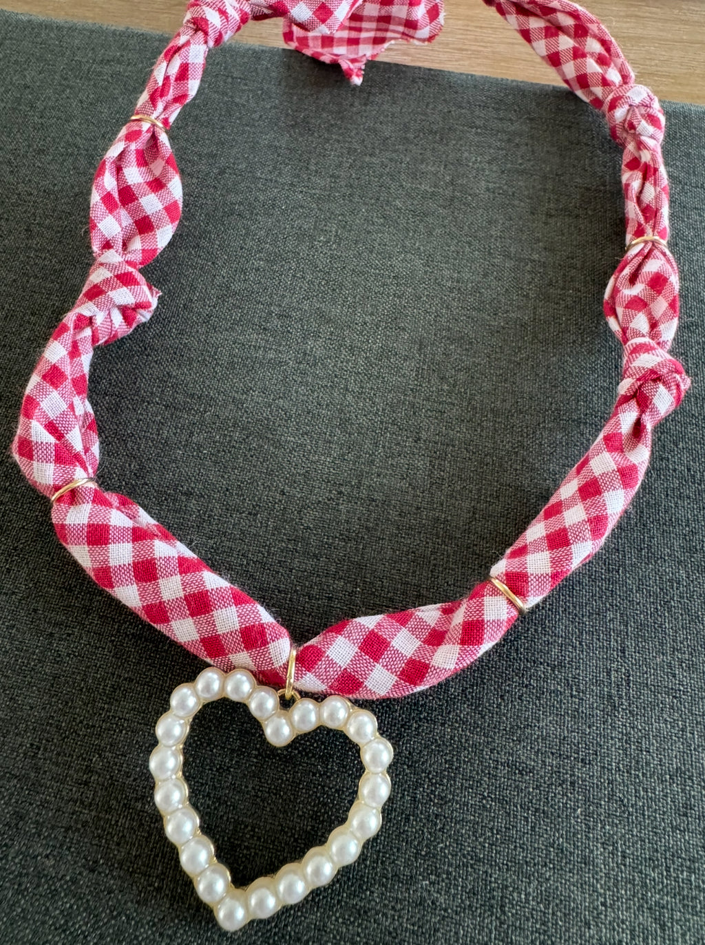 Pearl Heart Bandana Necklace Red Gingham