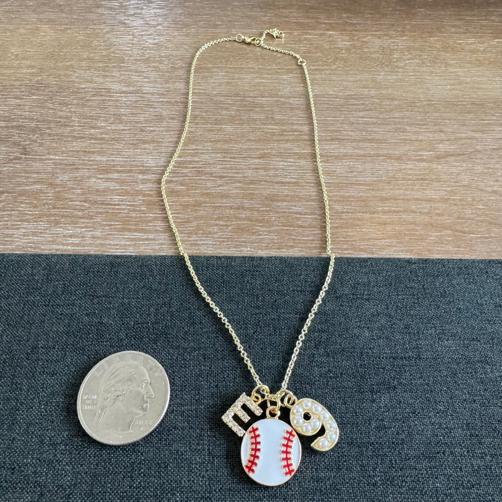 Baseball Initial and Pearl Number Necklace