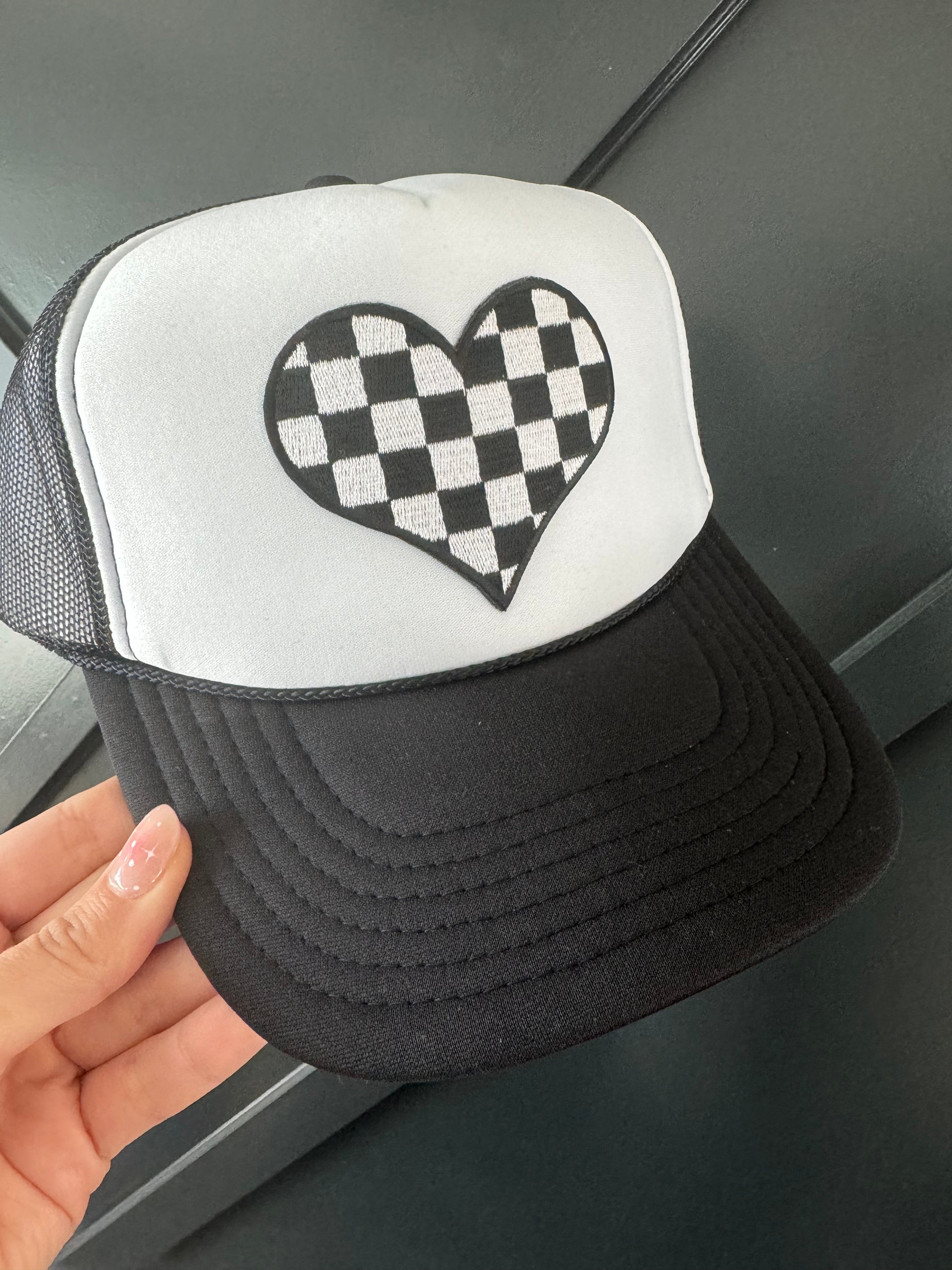 Checkered Heart Black and White Hat