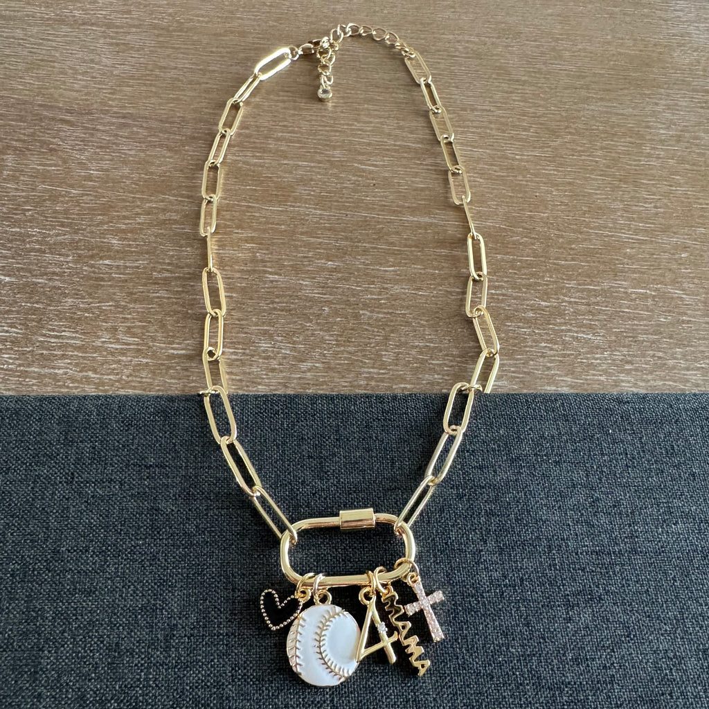 Ellison Carabiner Initial Baseball Mom Number Charm Necklace