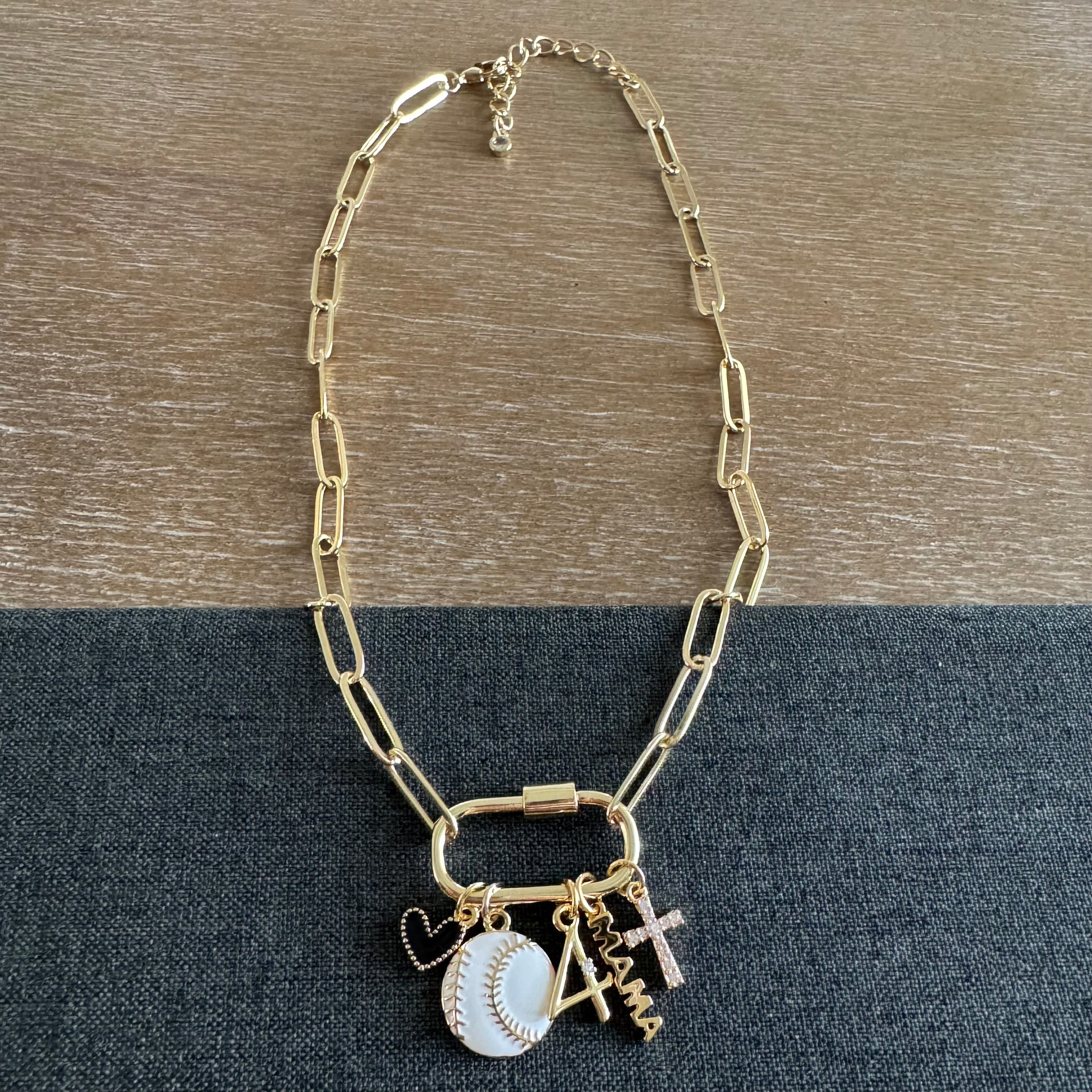 Ellison Carabiner Initial Baseball Mom Number Charm Necklace