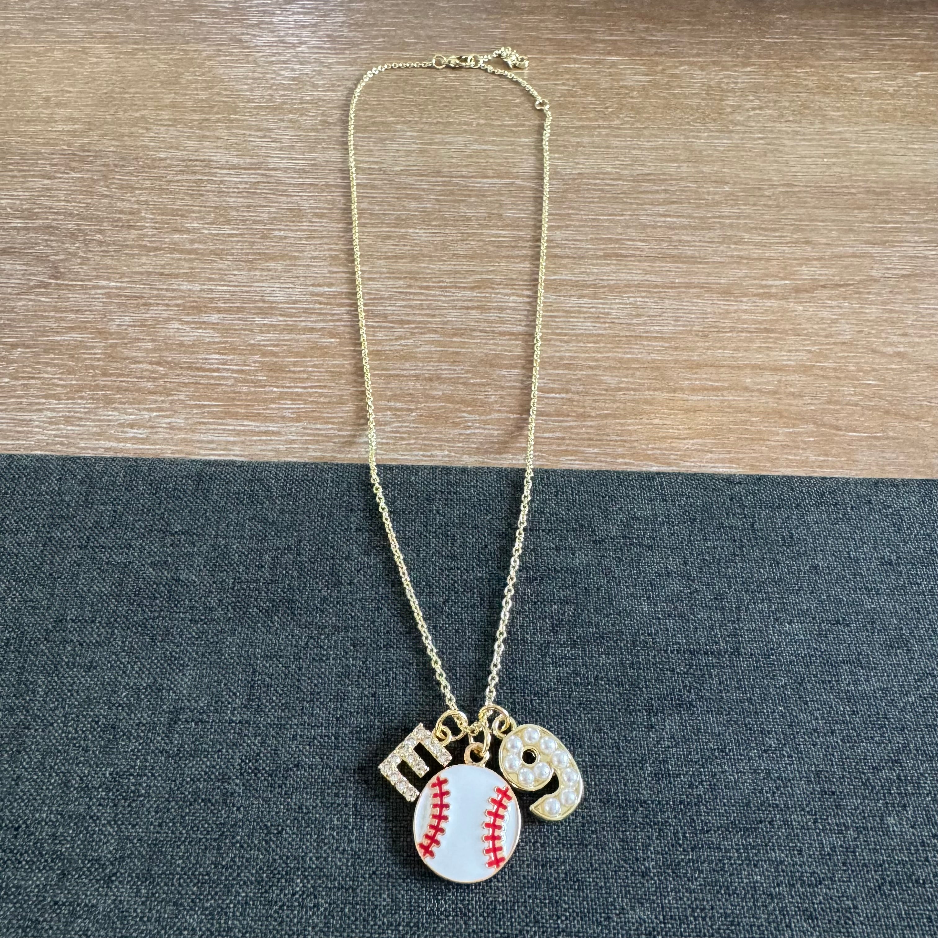 Baseball Initial and Pearl Number Necklace